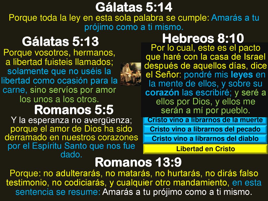 Gálatas 5:14 Hebreos 8:10 Gálatas 5:13 Romanos 5:5 Romanos 13:9