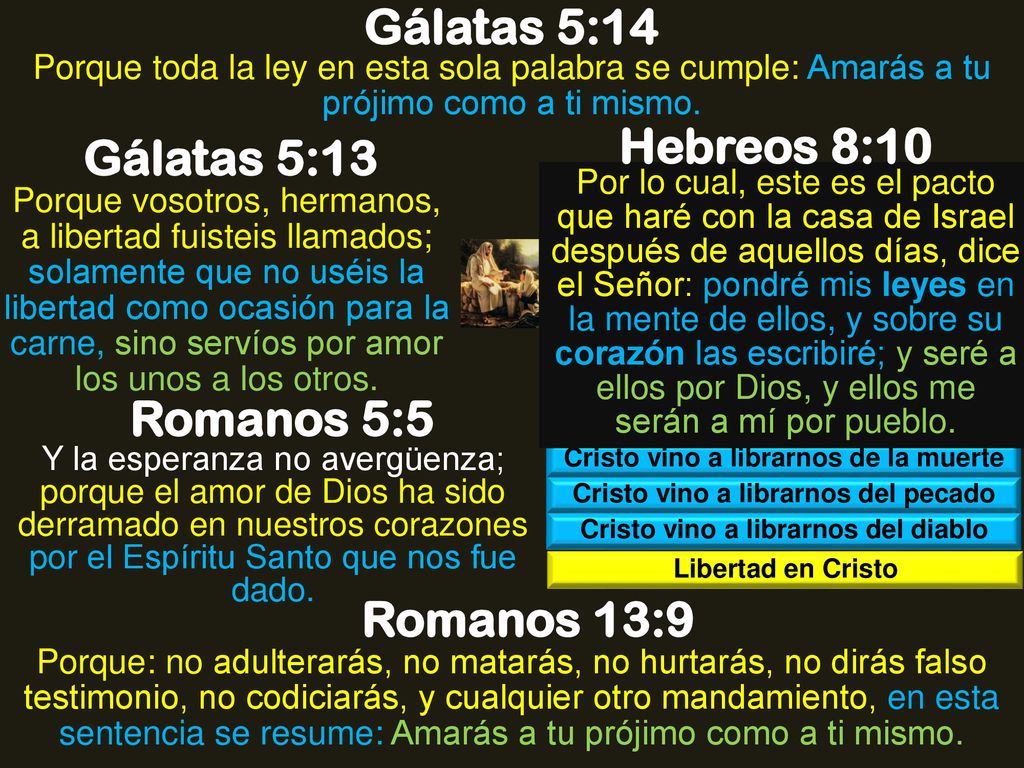 Gálatas 5:14 Hebreos 8:10 Gálatas 5:13 Romanos 5:5 Romanos 13:9