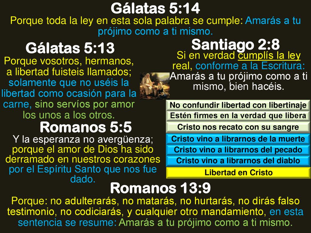 Gálatas 5:14 Santiago 2:8 Gálatas 5:13 Romanos 5:5 Romanos 13:9