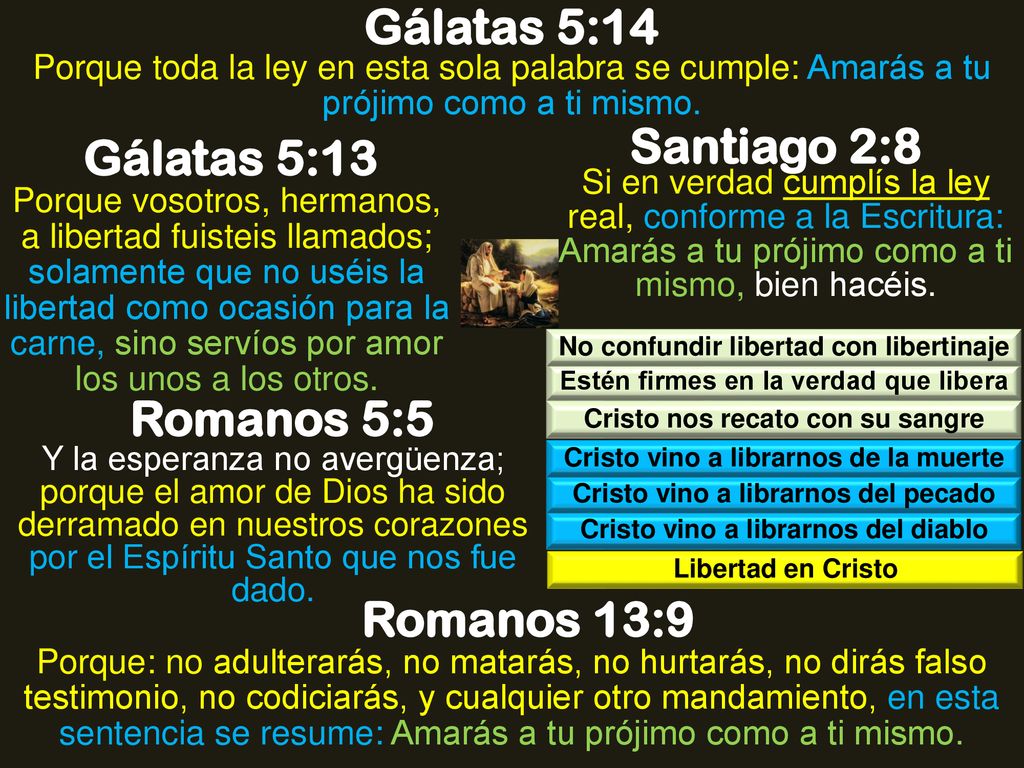 Gálatas 5:14 Santiago 2:8 Gálatas 5:13 Romanos 5:5 Romanos 13:9