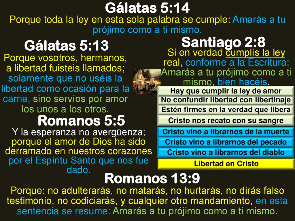 Gálatas 5:14 Santiago 2:8 Gálatas 5:13 Romanos 5:5 Romanos 13:9