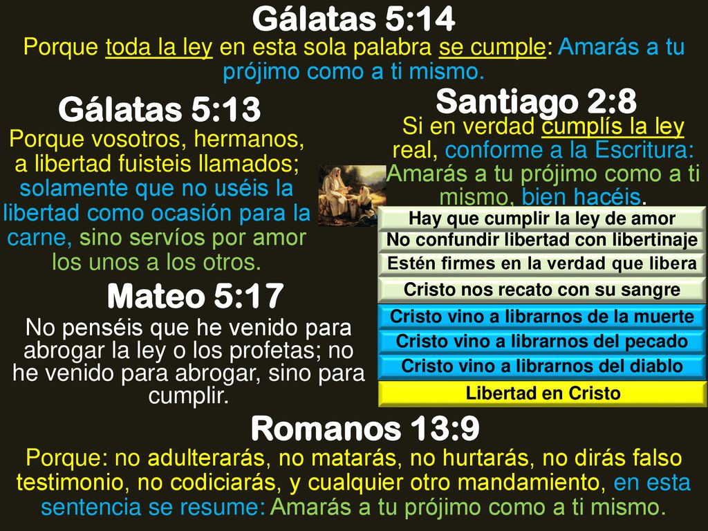 Gálatas 5:14 Santiago 2:8 Gálatas 5:13 Mateo 5:17 Romanos 13:9