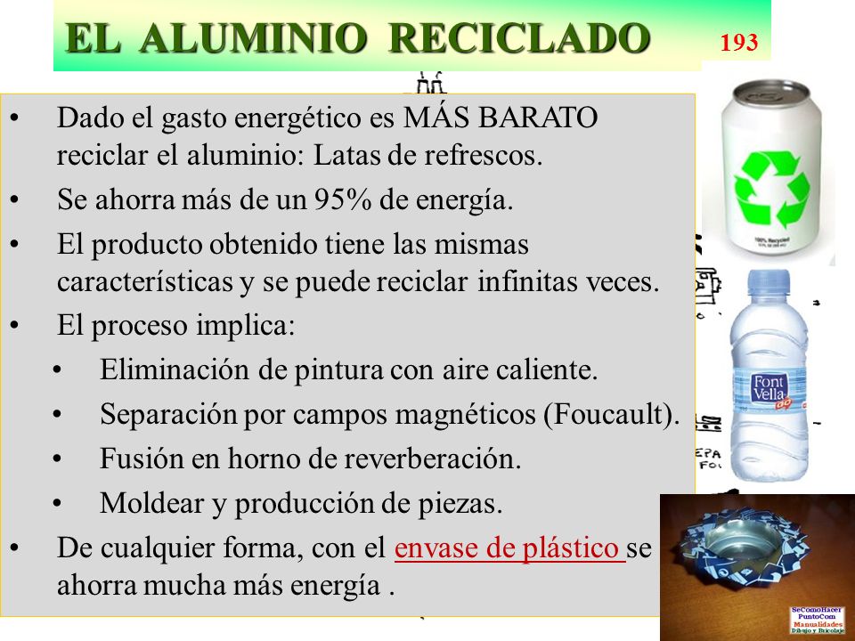 EL ALUMINIO RECICLADO 193 Dado el gasto energético es MÁS BARATO reciclar el aluminio: Latas de refrescos.
