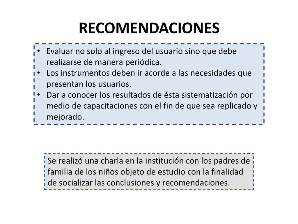 RECOMENDACIONES Evaluar no solo al ingreso del usuario sino que debe realizarse de manera periódica.
