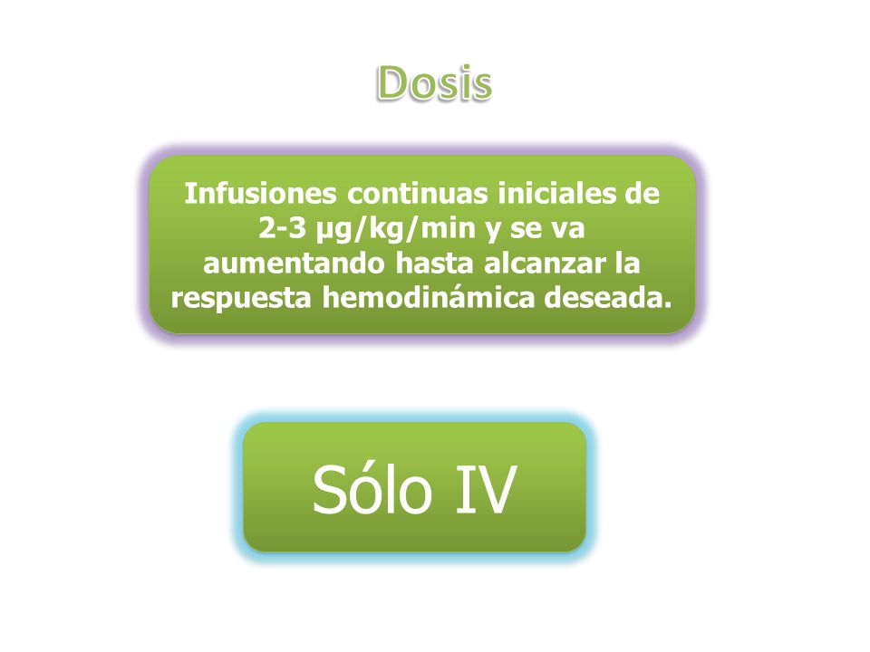 Dosis Infusiones continuas iniciales de 2-3 µg/kg/min y se va aumentando hasta alcanzar la respuesta hemodinámica deseada.
