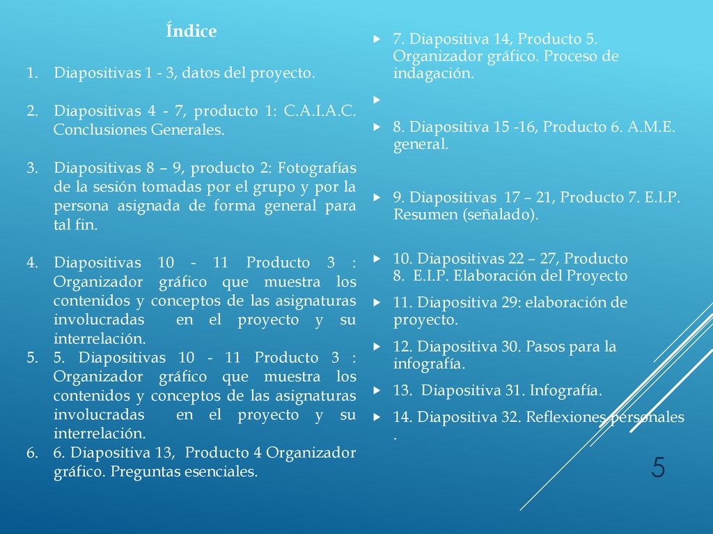 Índice Diapositivas 1 - 3, datos del proyecto. Diapositivas 4 - 7, producto 1: C.A.I.A.C. Conclusiones Generales.