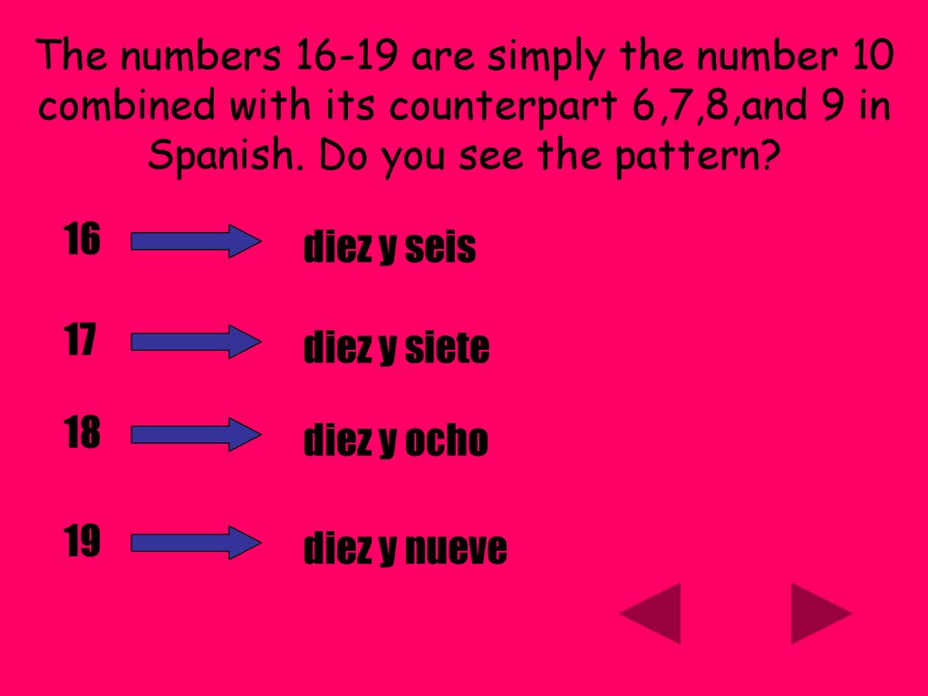 The numbers are simply the number 10 combined with its counterpart 6,7,8,and 9 in Spanish. Do you see the pattern