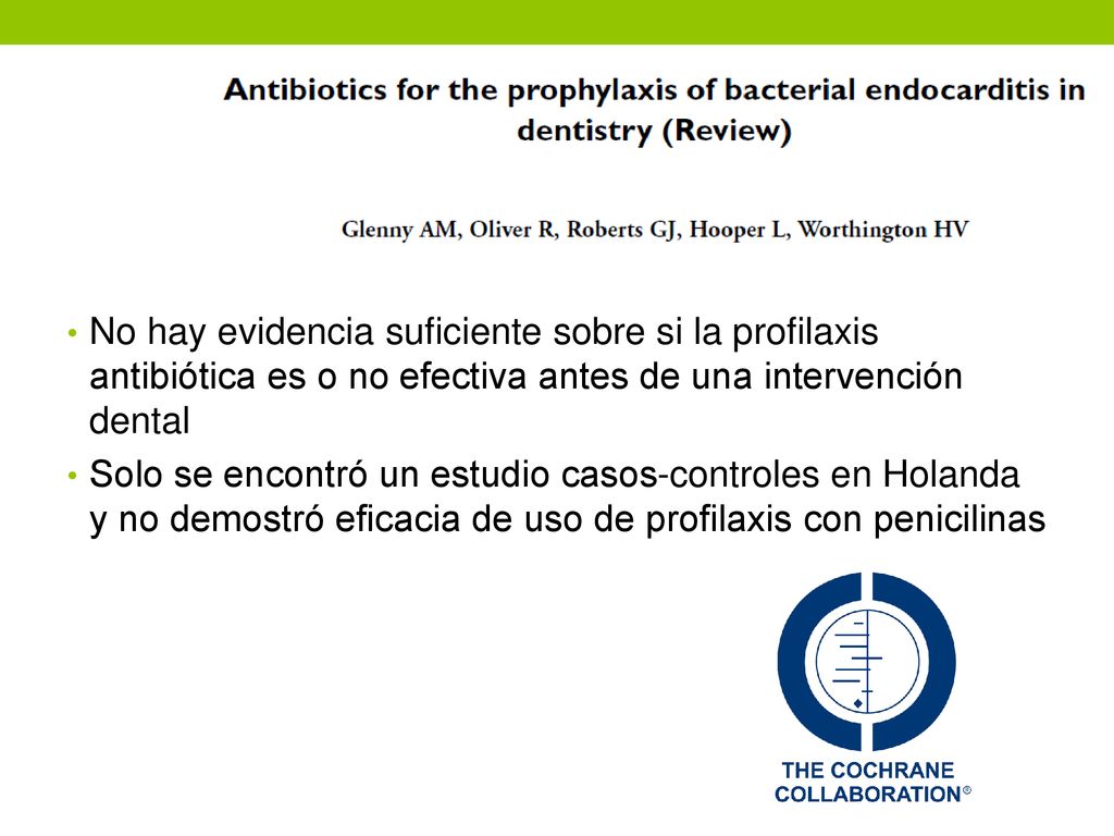 No hay evidencia suficiente sobre si la profilaxis antibiótica es o no efectiva antes de una intervención dental