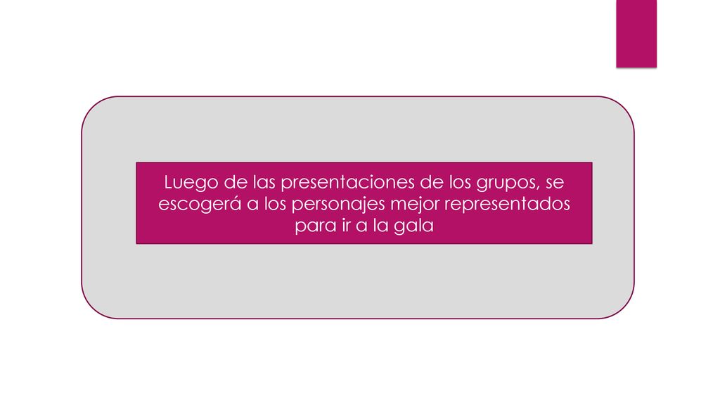 Luego de las presentaciones de los grupos, se escogerá a los personajes mejor representados para ir a la gala