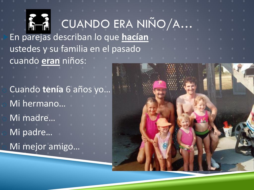 Cuando era niño/A… En parejas describan lo que hacían ustedes y su familia en el pasado cuando eran niños: