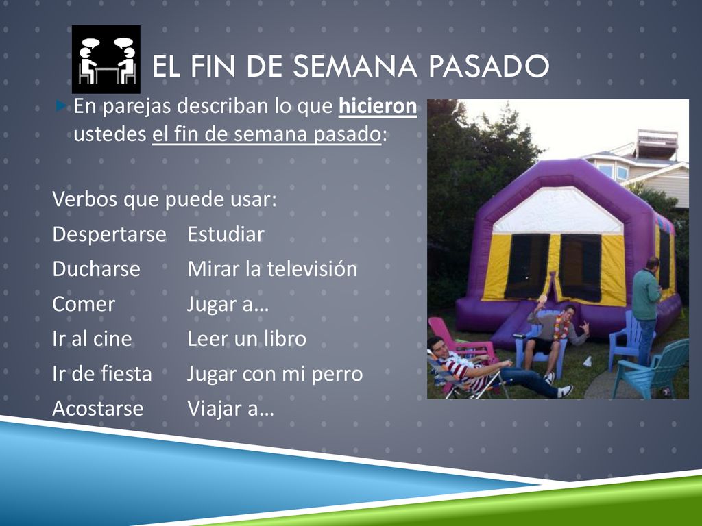 El fin de semana pasado En parejas describan lo que hicieron ustedes el fin de semana pasado: Verbos que puede usar: