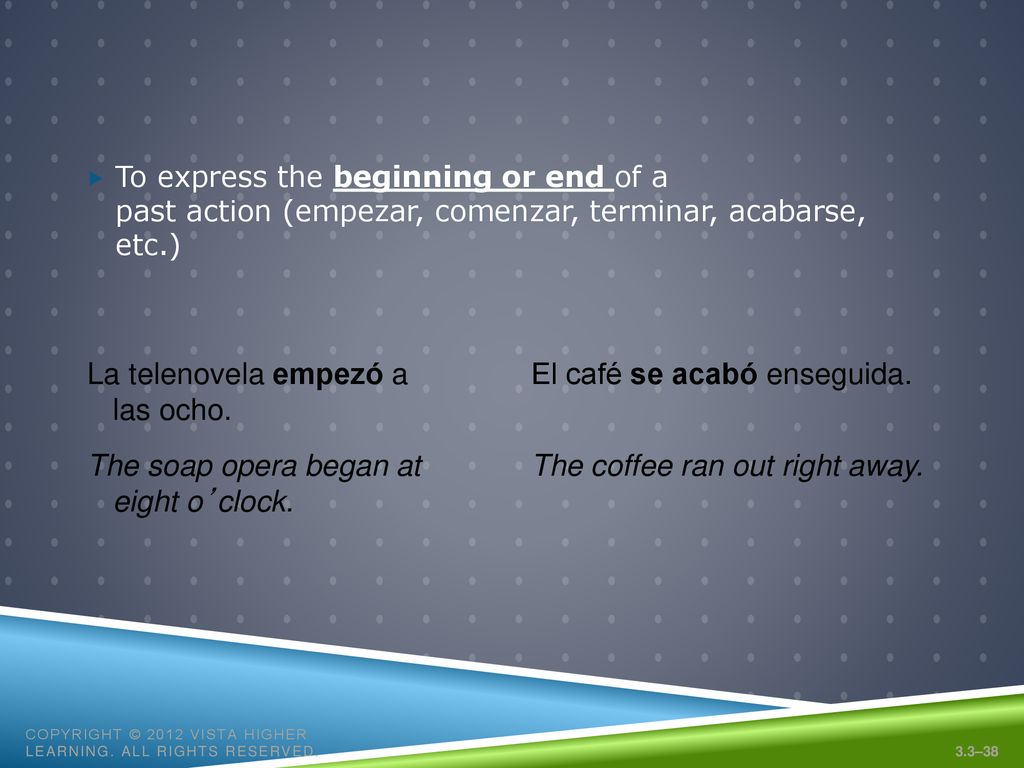 La telenovela empezó a las ocho. El café se acabó enseguida.