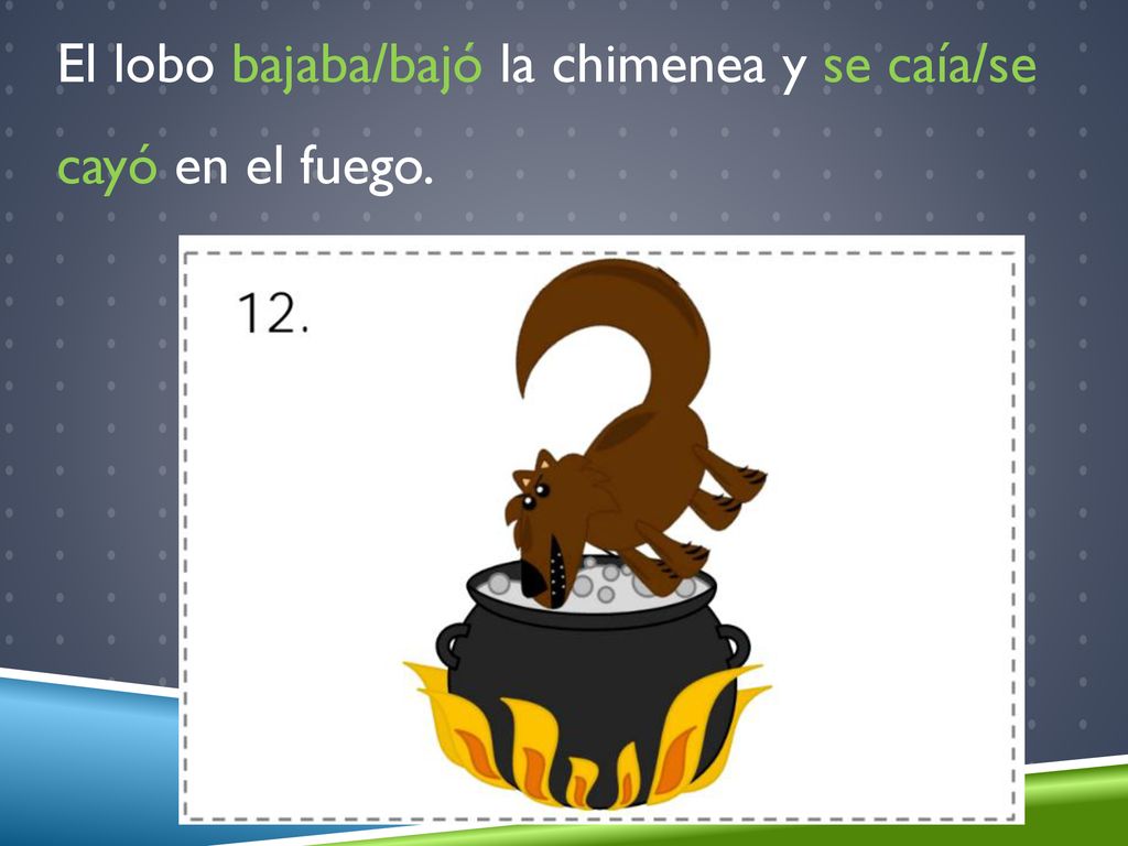 El lobo bajaba/bajó la chimenea y se caía/se cayó en el fuego.