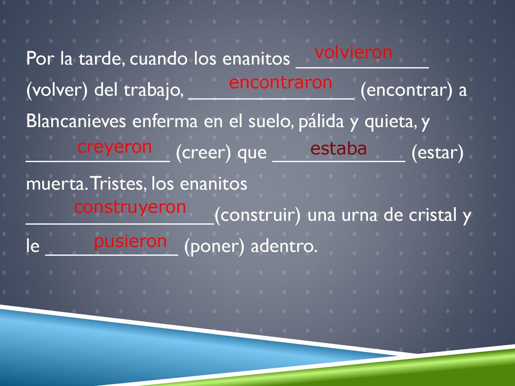 Por la tarde, cuando los enanitos ____________ (volver) del trabajo, _______________ (encontrar) a Blancanieves enferma en el suelo, pálida y quieta, y _____________ (creer) que ____________ (estar) muerta. Tristes, los enanitos _________________(construir) una urna de cristal y le ____________ (poner) adentro.