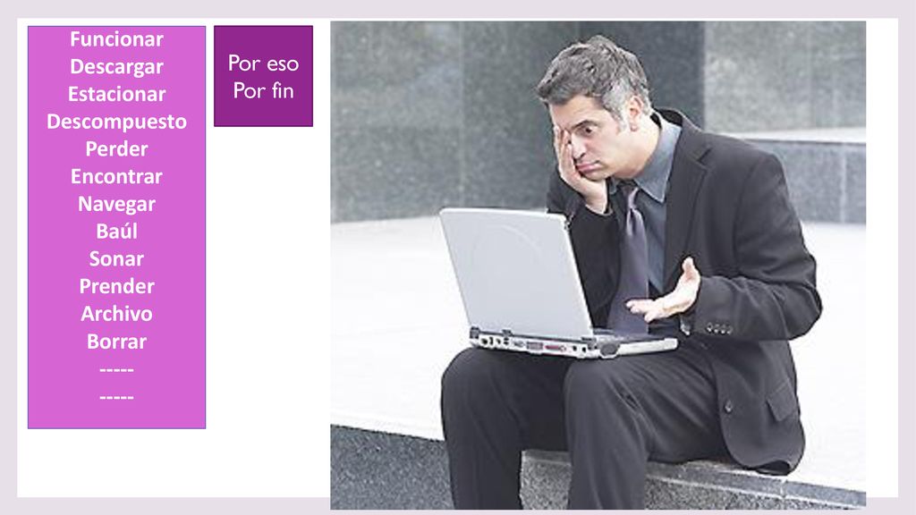 Funcionar Descargar. Estacionar. Descompuesto. Perder. Encontrar. Navegar. Baúl. Sonar. Prender.