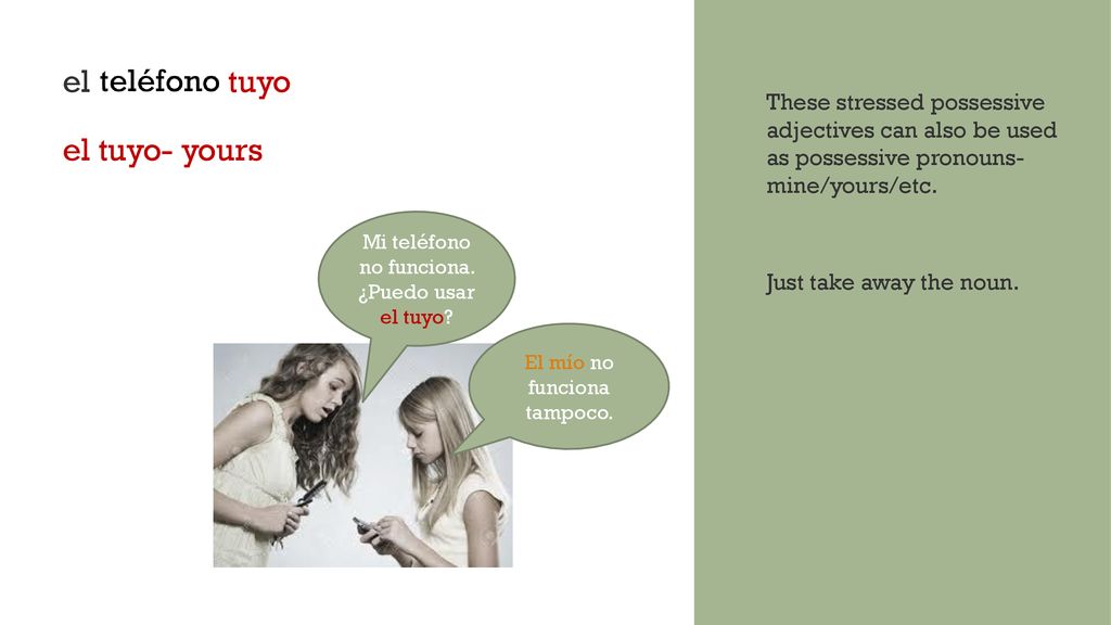 el tuyo These stressed possessive adjectives can also be used as possessive pronouns- mine/yours/etc.