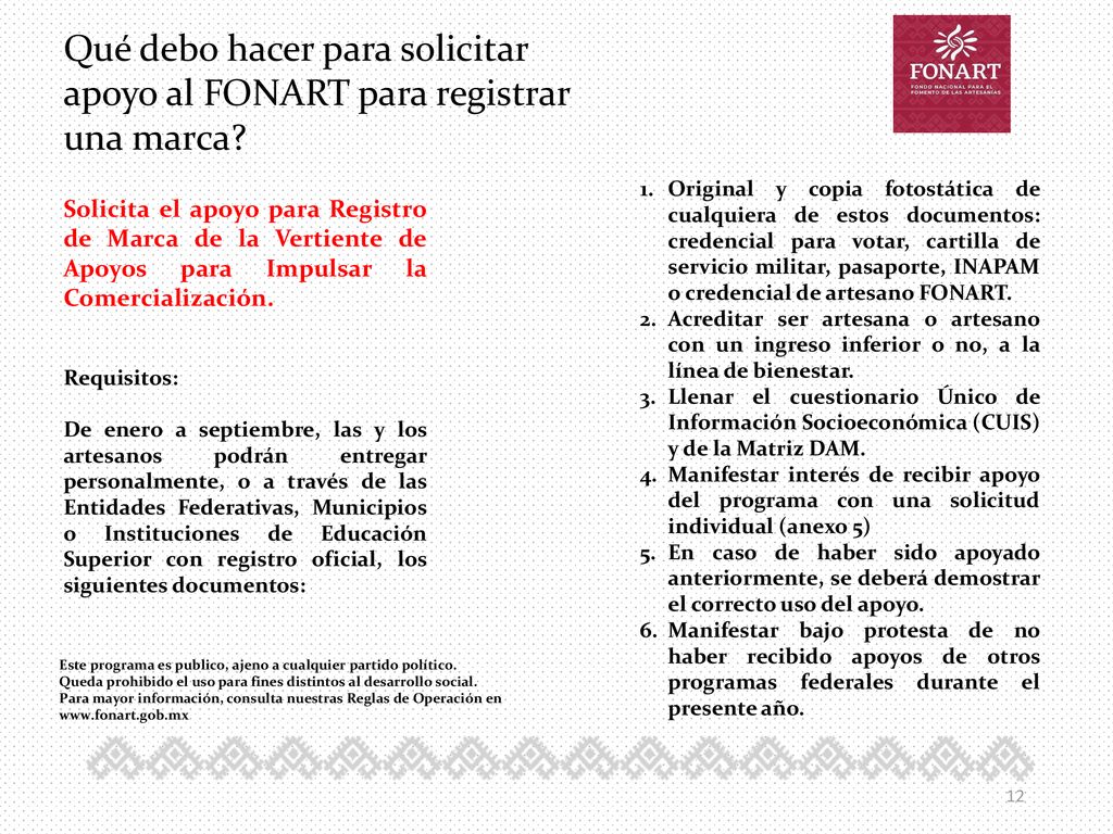 Qué debo hacer para solicitar apoyo al FONART para registrar una marca
