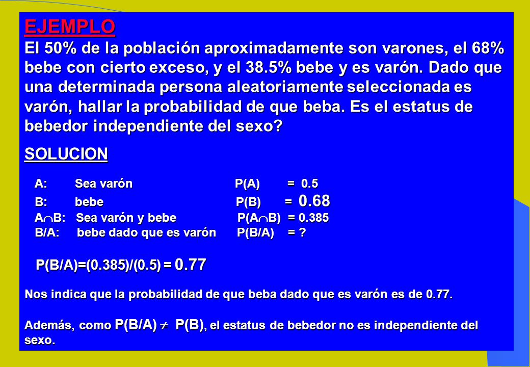 EJEMPLO El 50% de la población aproximadamente son varones, el 68% bebe con cierto exceso, y el 38.5% bebe y es varón.