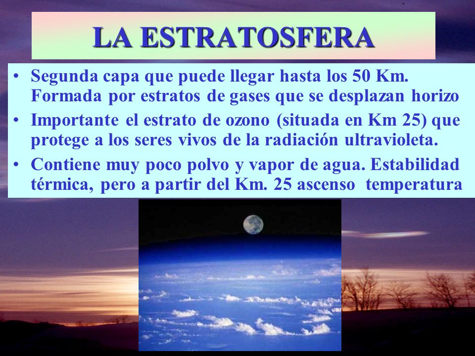 LA ESTRATOSFERA Segunda capa que puede llegar hasta los 50 Km. Formada por estratos de gases que se desplazan horizo.