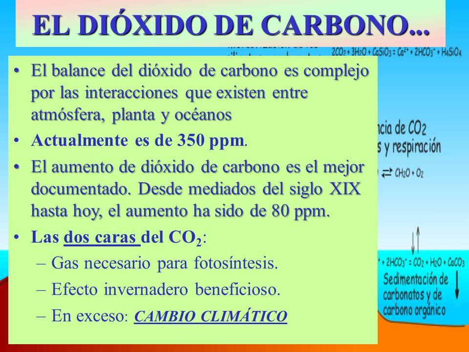 EL DIÓXIDO DE CARBONO... El balance del dióxido de carbono es complejo por las interacciones que existen entre atmósfera, planta y océanos.