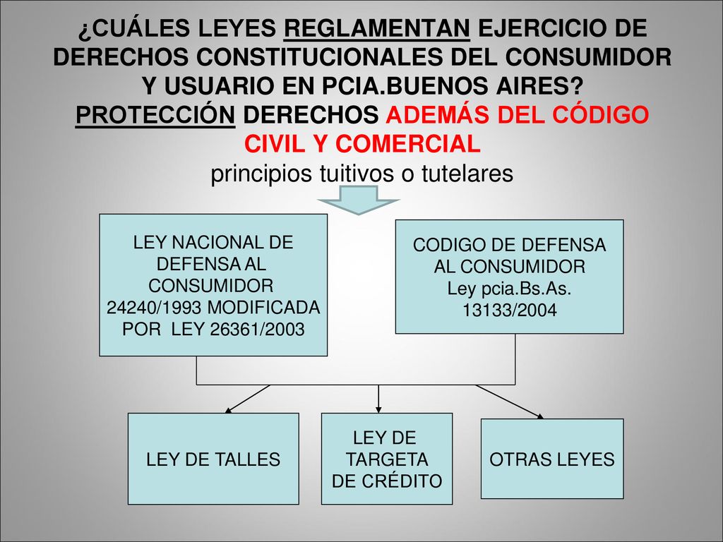 ¿CUÁLES LEYES REGLAMENTAN EJERCICIO DE DERECHOS CONSTITUCIONALES DEL CONSUMIDOR Y USUARIO EN PCIA.BUENOS AIRES PROTECCIÓN DERECHOS ADEMÁS DEL CÓDIGO CIVIL Y COMERCIAL principios tuitivos o tutelares