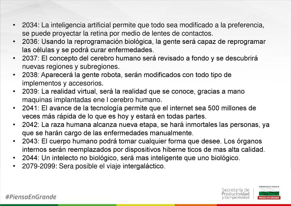 2034: La inteligencia artificial permite que todo sea modificado a la preferencia, se puede proyectar la retina por medio de lentes de contactos.