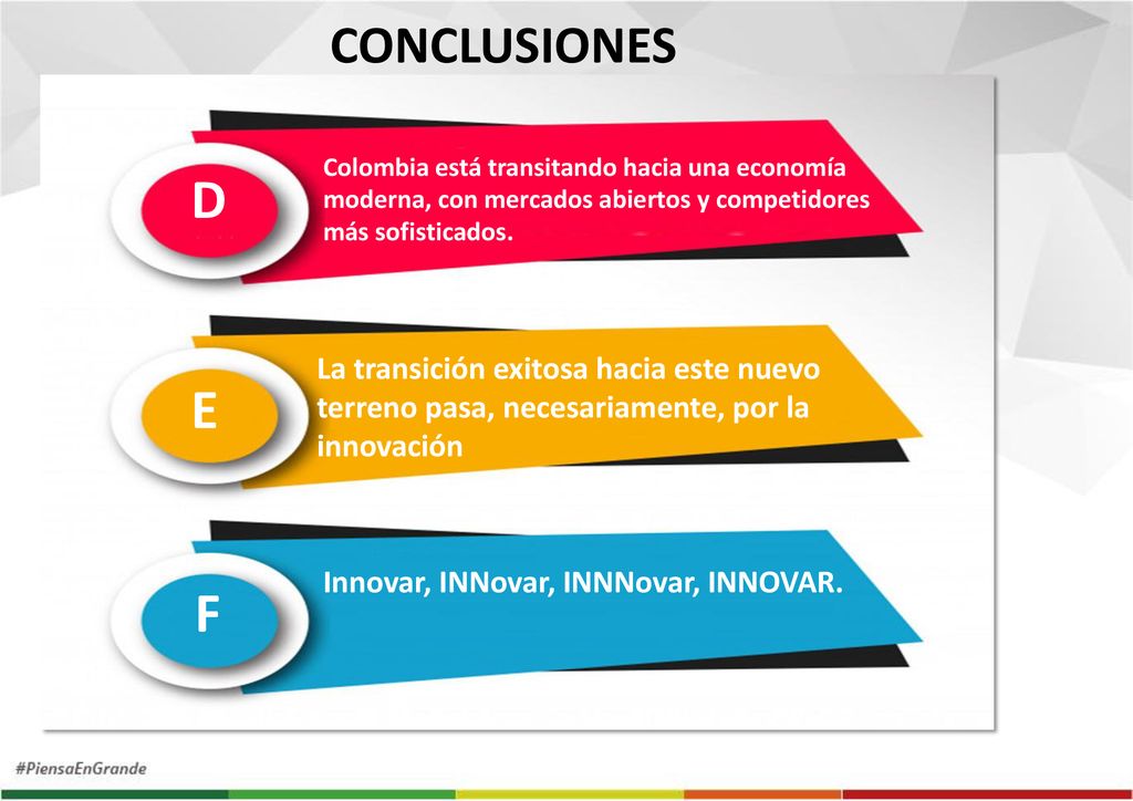 CONCLUSIONES D. E. F. Colombia está transitando hacia una economía moderna, con mercados abiertos y competidores más sofisticados.