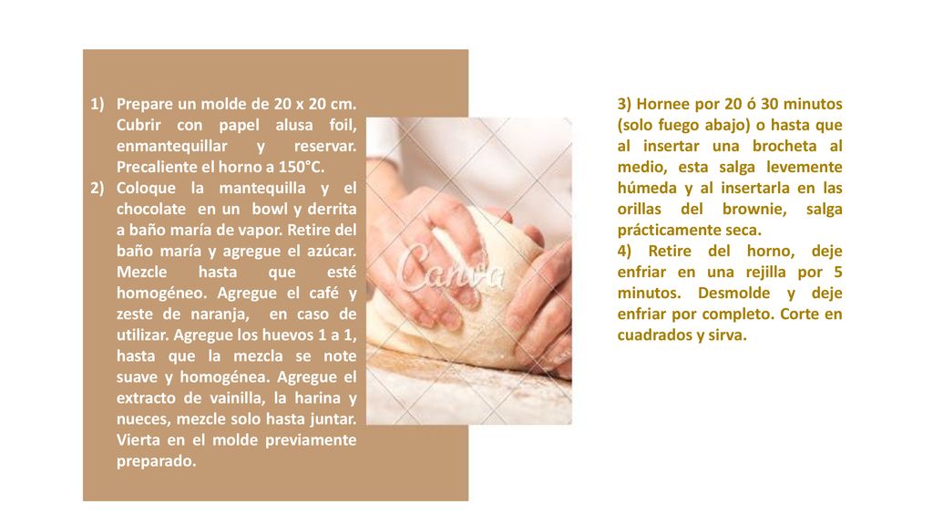 Prepare un molde de 20 x 20 cm. Cubrir con papel alusa foil, enmantequillar y reservar. Precaliente el horno a 150°C.