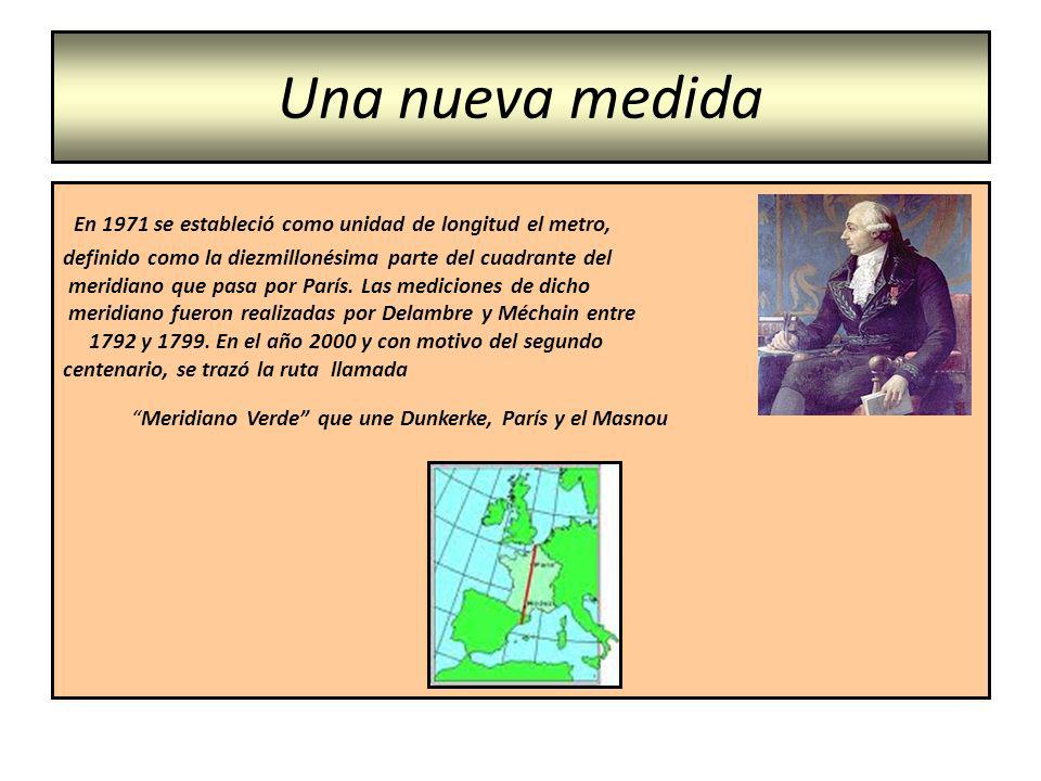 Una nueva medida En 1971 se estableció como unidad de longitud el metro, definido como la diezmillonésima parte del cuadrante del.