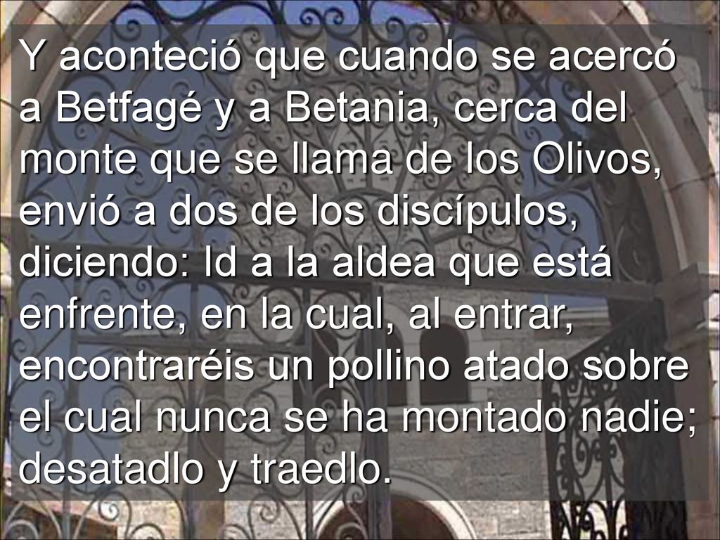Y aconteció que cuando se acercó a Betfagé y a Betania, cerca del monte que se llama de los Olivos, envió a dos de los discípulos, diciendo: Id a la aldea que está enfrente, en la cual, al entrar, encontraréis un pollino atado sobre el cual nunca se ha montado nadie; desatadlo y traedlo.