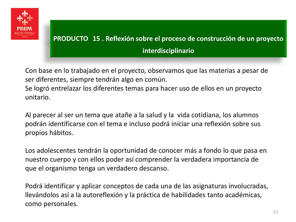 PRODUCTO 15 . Reflexión sobre el proceso de construcción de un proyecto interdisciplinario
