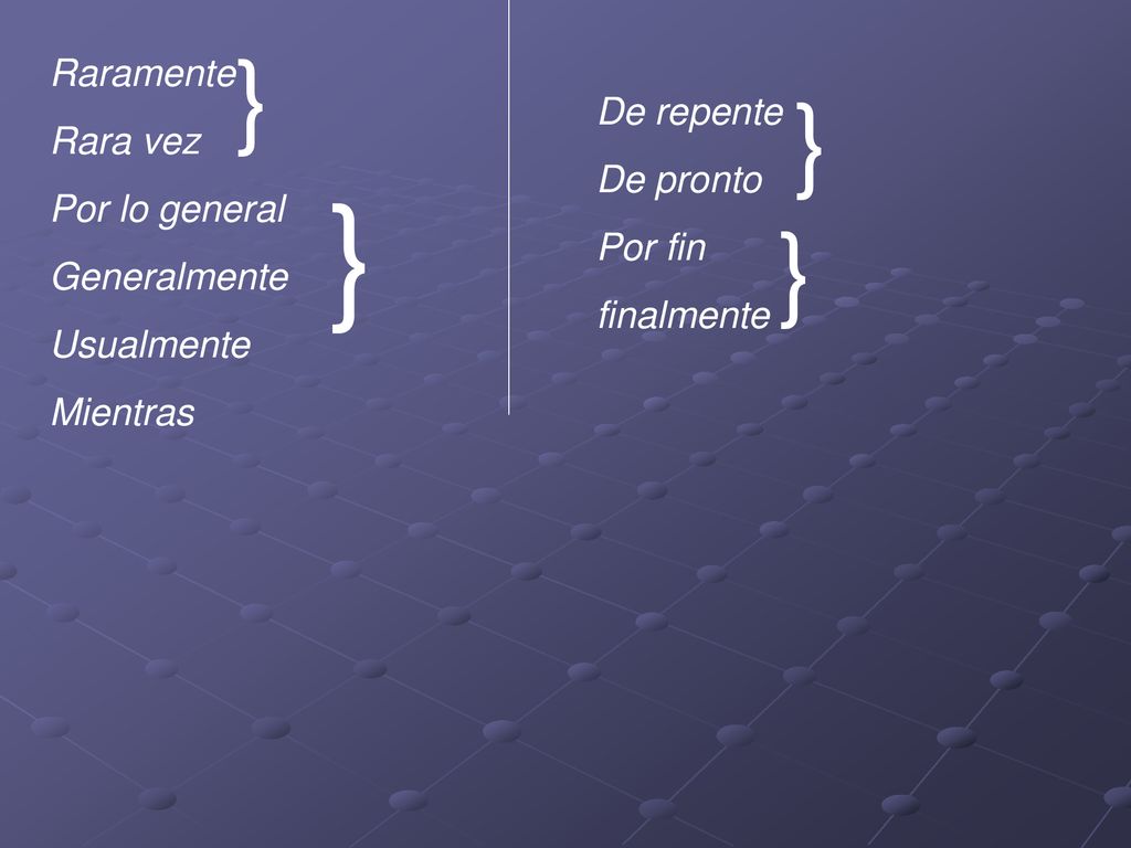 } } } } Raramente Rara vez De repente Por lo general De pronto