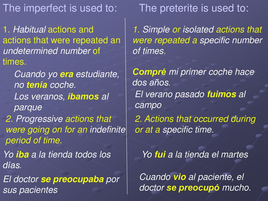 The imperfect is used to: The preterite is used to: