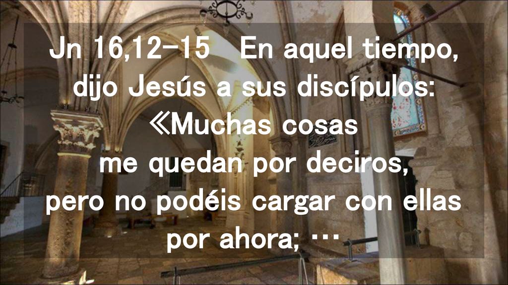 Jn 16,12-15 En aquel tiempo, dijo Jesús a sus discípulos: «Muchas cosas me quedan por deciros, pero no podéis cargar con ellas por ahora; …