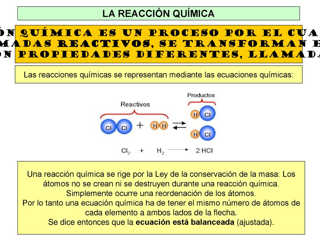 LA REACCIÓN QUÍMICA Una REACCIÓN QUÍMICA es un proceso por el cual una o más. sustancias, llamadas reactivos, se transforman en otra u otras.