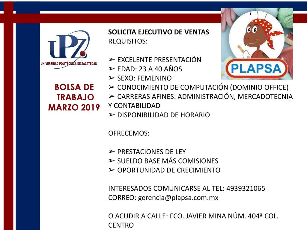 BOLSA DE TRABAJO MARZO 2019 SOLICITA EJECUTIVO DE VENTAS REQUISITOS: