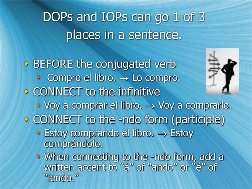 DOPs and IOPs can go 1 of 3 places in a sentence.