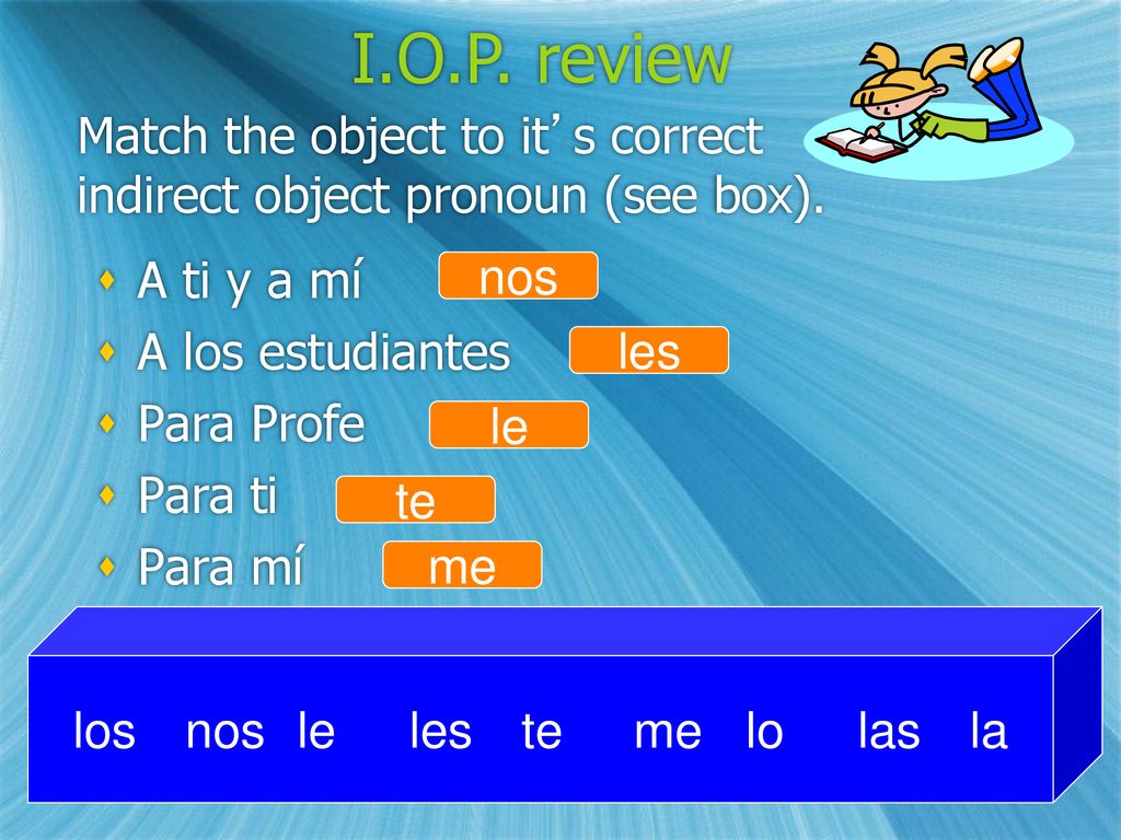 Match the object to it’s correct indirect object pronoun (see box).