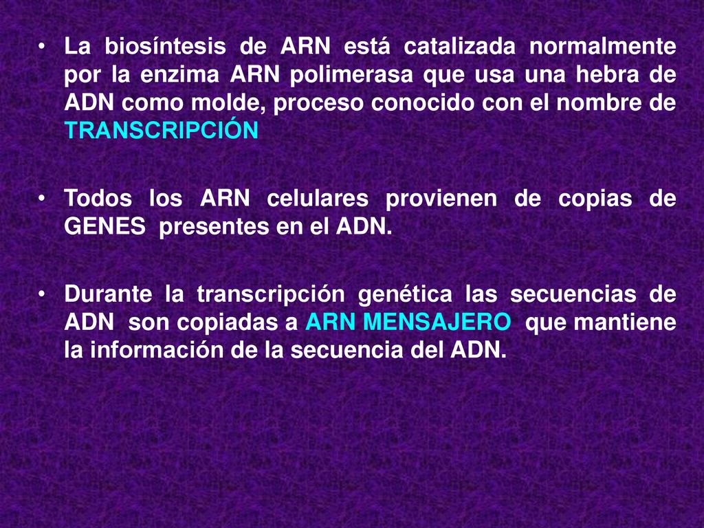 La biosíntesis de ARN está catalizada normalmente por la enzima ARN polimerasa que usa una hebra de ADN como molde, proceso conocido con el nombre de TRANSCRIPCIÓN