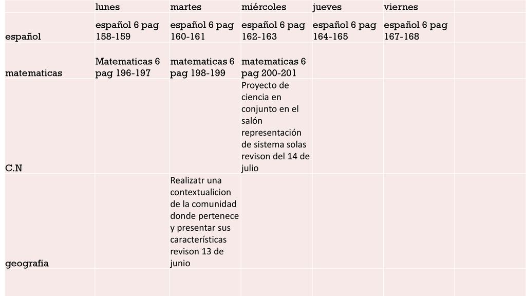 lunes martes. miércoles. jueves. viernes. español. español 6 pag español 6 pag