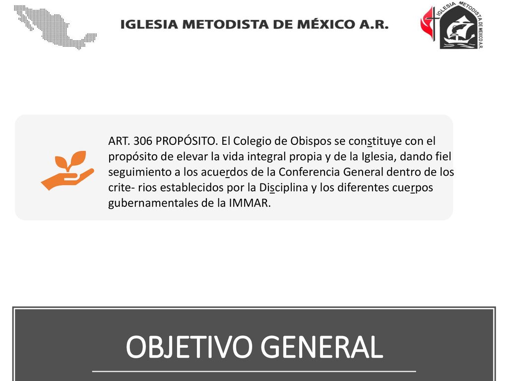 ART. 306 PROPÓSITO. El Colegio de Obispos se constituye con el propósito de elevar la vida integral propia y de la Iglesia, dando fiel seguimiento a los acuerdos de la Conferencia General dentro de los crite- rios establecidos por la Disciplina y los diferentes cuerpos gubernamentales de la IMMAR.