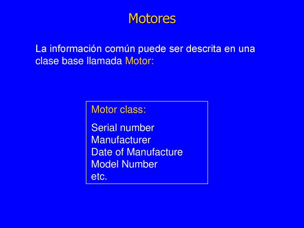 Motores La información común puede ser descrita en una clase base llamada Motor: Motor class: