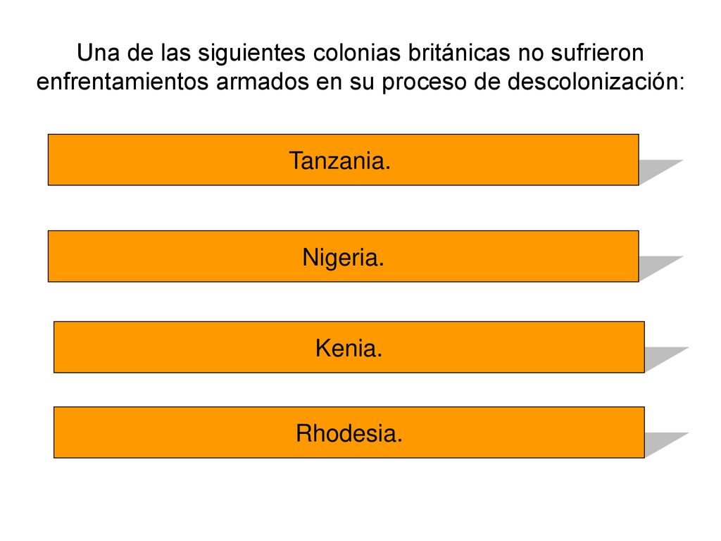 Una de las siguientes colonias británicas no sufrieron enfrentamientos armados en su proceso de descolonización: