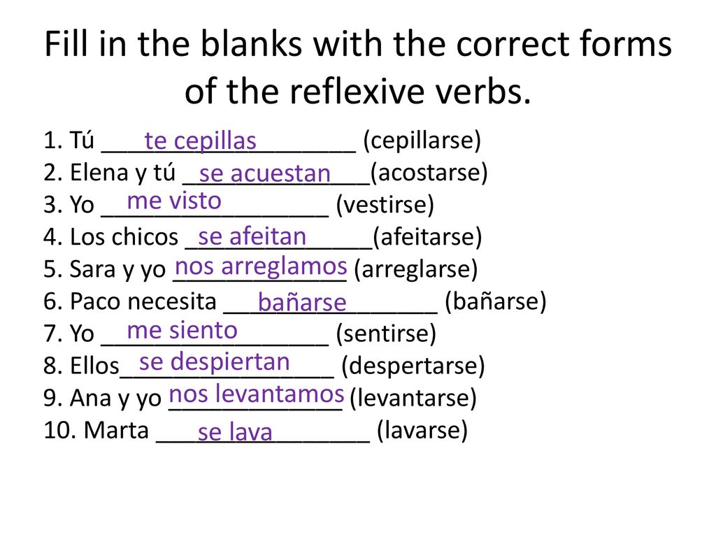 Fill in the blanks with the correct forms of the reflexive verbs.