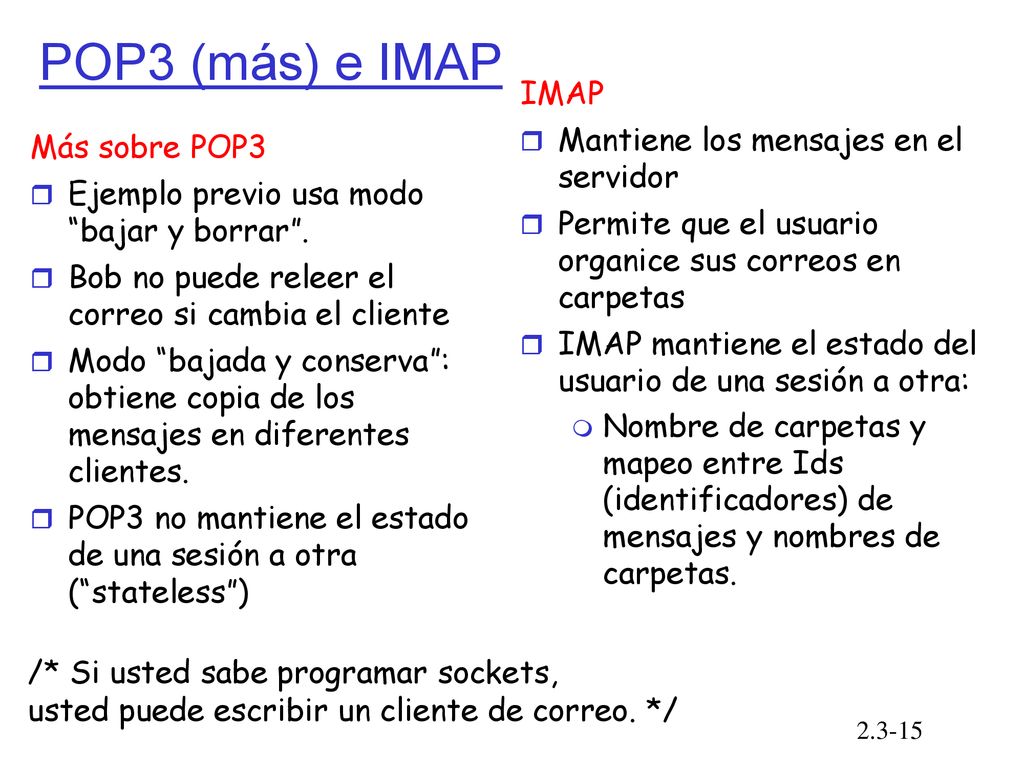 POP3 (más) e IMAP IMAP Mantiene los mensajes en el servidor