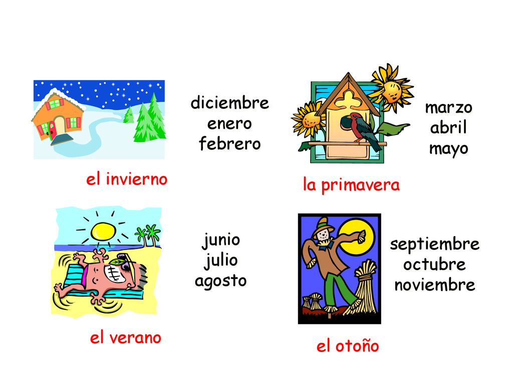 diciembre enero. febrero. marzo. abril. mayo. el invierno. la primavera. junio. julio. agosto.