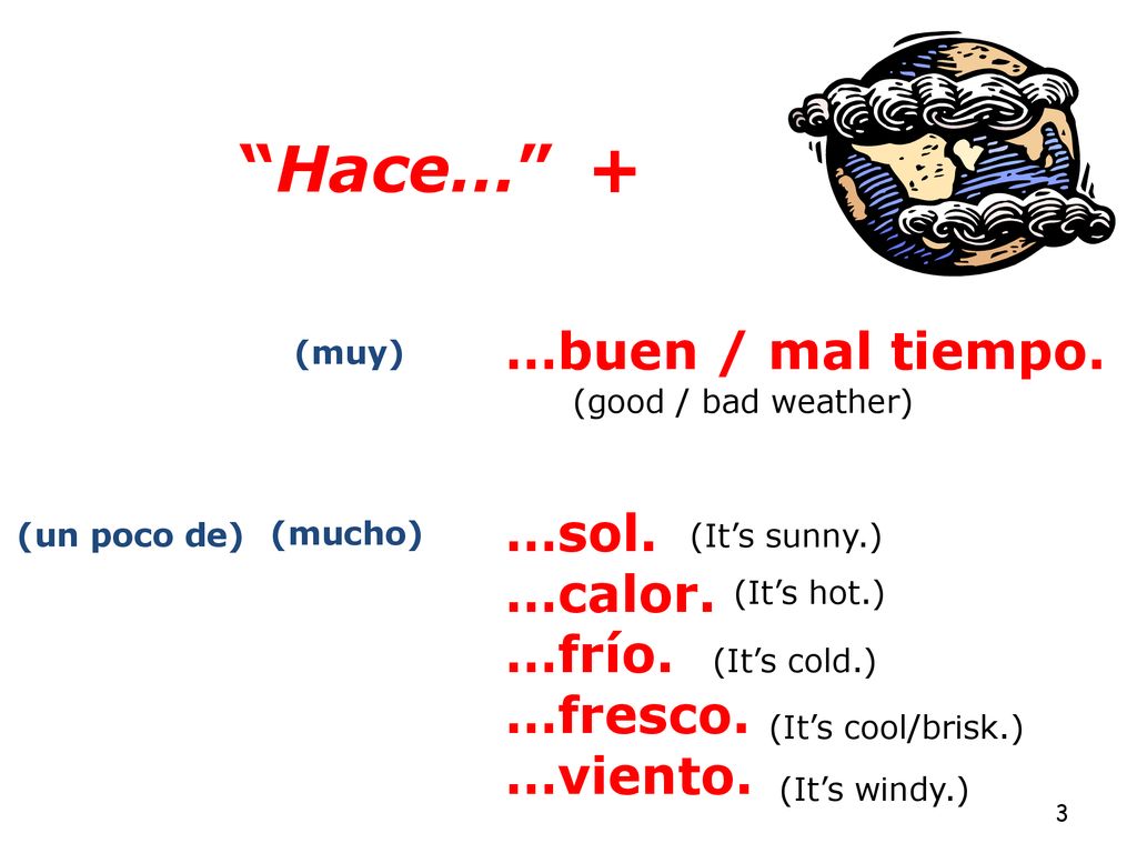 Hace… + …buen / mal tiempo. …sol. …calor. …frío. …fresco. …viento.