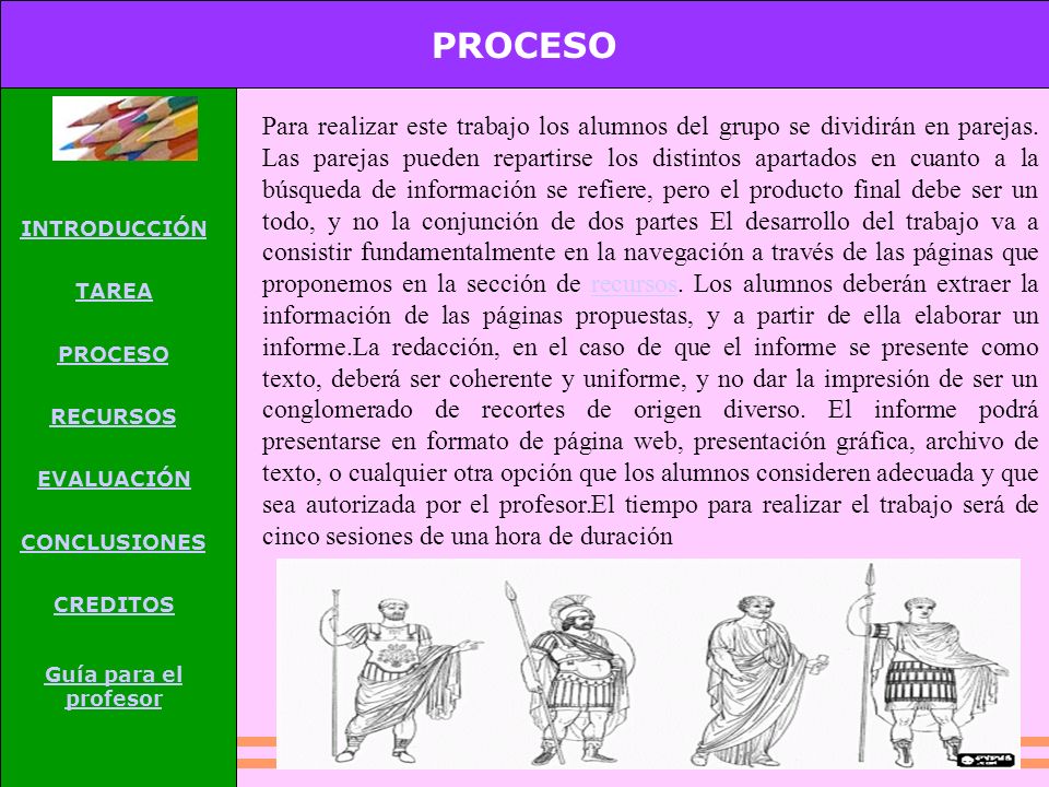 PROCESO INTRODUCCIÓN. TAREA. RECURSOS. EVALUACIÓN. CONCLUSIONES. CREDITOS. Guía para el profesor.