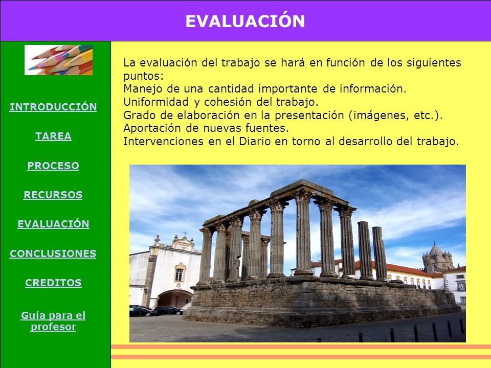 EVALUACIÓN INTRODUCCIÓN. TAREA. PROCESO. RECURSOS. CONCLUSIONES. CREDITOS. Guía para el profesor.