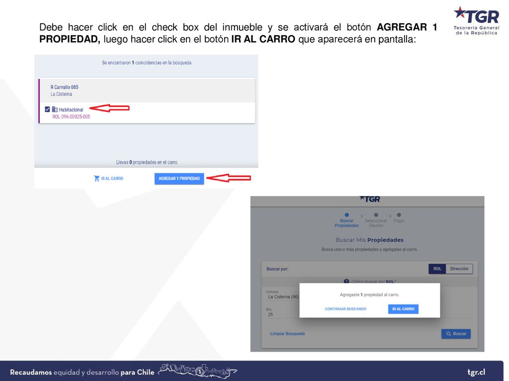Debe hacer click en el check box del inmueble y se activará el botón AGREGAR 1 PROPIEDAD, luego hacer click en el botón IR AL CARRO que aparecerá en pantalla: